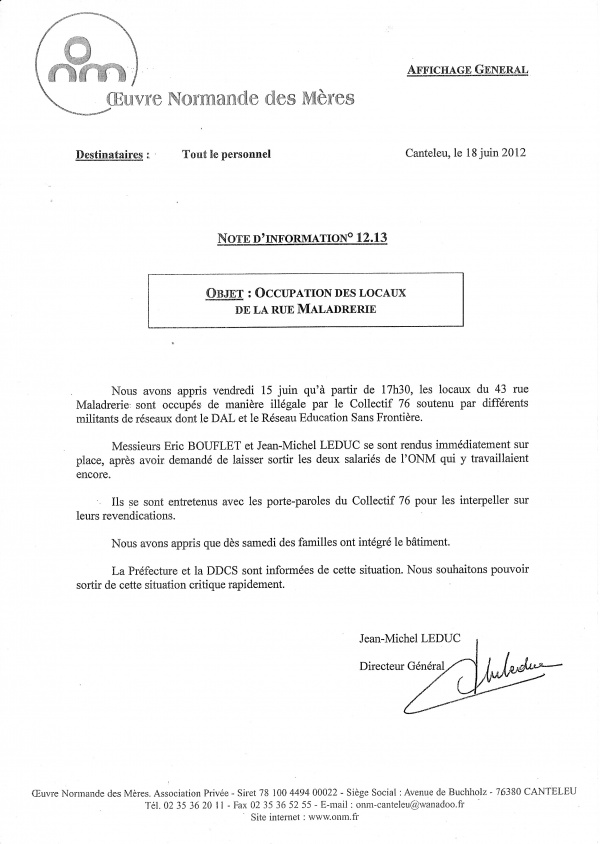 Occupation des locaux rue Maladrerie - Oeuvre Normande des Occupation des locaux rue Maladrerie - Oeuvre Normande des